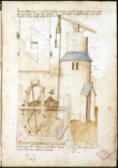 Sistema de palanca con polea para obra de construcción - Manuscrito: hoja de pergamino de un manual de ingeniero para la construcción de edificios civiles, religiosos y militares, anónimo, finales del siglo XV (figura en tinta china) de Unknown artist
