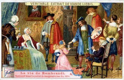 Cromolitografía Liebig sobre la vida de Rembrandt (1606 - 1669) pintor holandés, aquí retratando al alcalde Jean Six en 1654 de Unknown artist