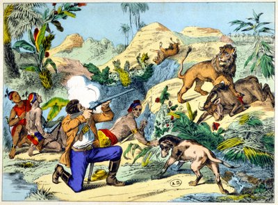 Caza de leones en el sur de África. Grabado del siglo XIX de Unknown artist