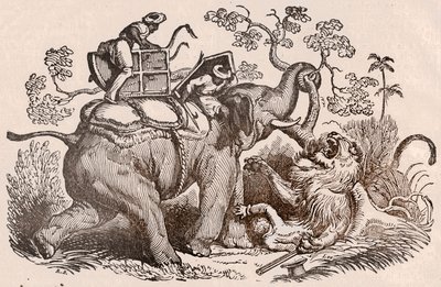 Escena de caza de leones: el cazador, tumba del elefante, ahora está en las garras del león de Unknown artist
