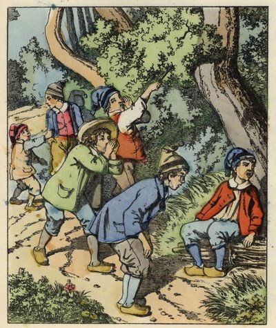 Pulgarcito y sus hermanos perdidos en el bosque abandonados por sus padres. Ilustración del cuento "Pulgarcito" de Charles Perrault de Unknown artist