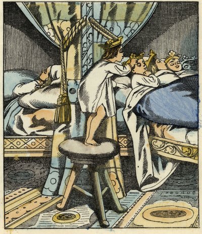 Pulgarcito pone las coronas de las siete hijas del ogro en la cabeza de sus hermanos. Ilustración del cuento "Pulgarcito" de Charles Perrault de Unknown artist