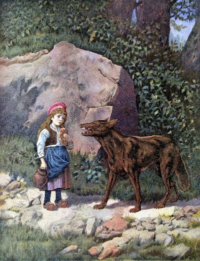 Caperucita Roja encontrándose con el Lobo en el Bosque - en “Los Cuentos de Perrault” de Unknown artist