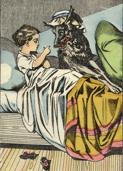 Caperucita Roja pregunta al Lobo, “Abuela, qué dientes tan grandes tienes.” Ilustración del cuento “Caperucita Roja” de Charles Perrault. de Unknown artist