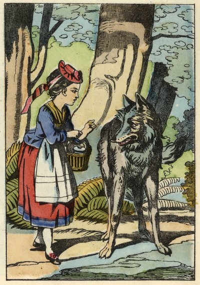 Caperucita Roja se encuentra con el lobo en el bosque. Ilustración del cuento “Caperucita Roja” de Charles Perrault de Unknown artist