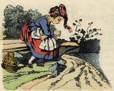 Caperucita Roja descansa en el camino. Ilustración del cuento “Caperucita Roja” de Charles Perrault. de Unknown artist