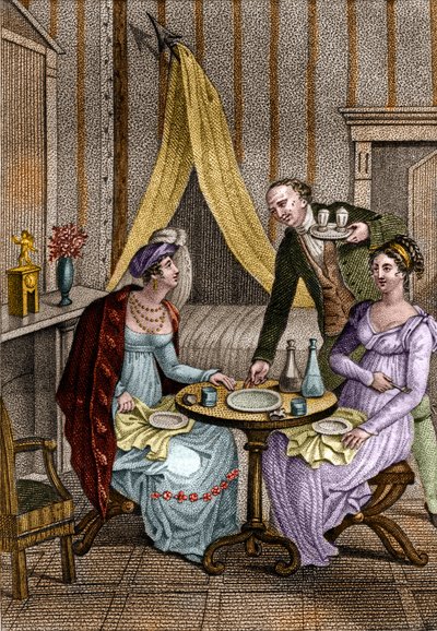 Pequeña cena. Olympe de Gouges (1748-1793), mujer de letras y revolucionaria francesa con Celine, una de sus amigas. En "Consejos a mi hija" de Jean Nicolas Bouilly (1763-1842). 1820. Colección privada. de Unknown artist