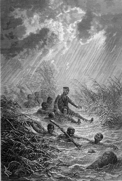 Livingstone y sus hombres cruzando un curso de agua - “El último viaje de Livingstone 1866-1873” en “Tour du Monde”, 2do semestre de 1875 de Unknown artist
