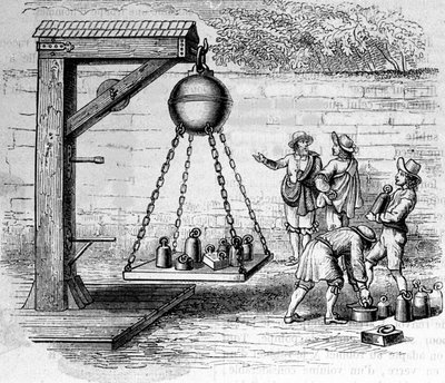 Carga de los hemisferios de Magdeburgo suspendidos para calcular la presión atmosférica - en “Ottonis de Guericke: Experimenta Nova Magdeburgica de vacuo spatio” de Otto von Guericke de Unknown artist