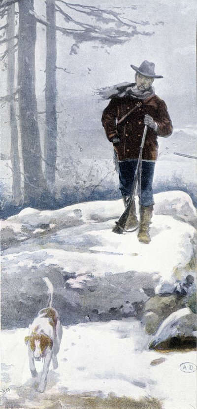 Cazador solitario con perro en un paisaje nevado, finales del siglo XIX de Unknown artist