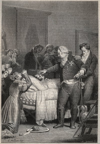 Luis XVIII en el lecho de muerte del Duque de Berry - Los últimos momentos del Duque de Berry el 13 de febrero de 1820 (1778 - 1820) en la ópera de París rodeado por Luis XVIII y la familia real - grabado en 