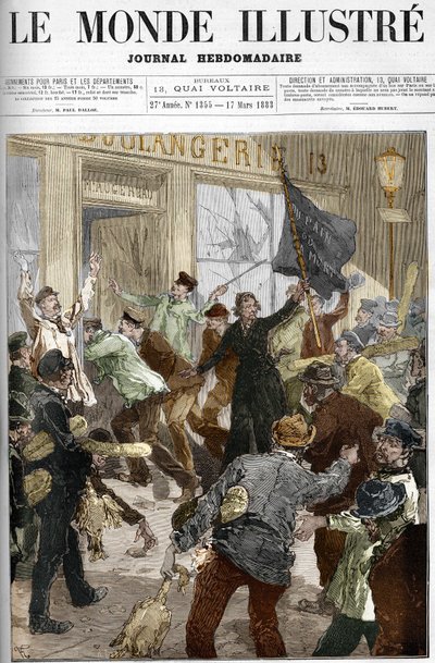 Louise Michel (1833-1905), revolucionaria francesa, ondeando una bandera negra con la inscripción 