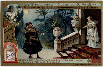 Amor y Celos Acto I Escena 3. Ilustración para la ópera “Il trovatore” de Giuseppe Verdi (1813-1901). Cromolitografía (Cromo) Liebig de finales del siglo XIX de Unknown artist