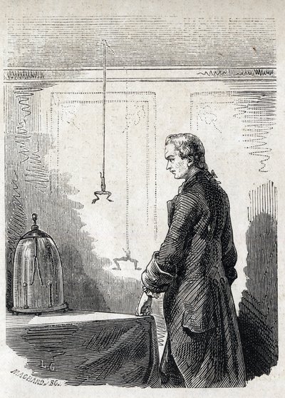 Luigi Galvani causa contracciones en una rana con electricidad de un pararrayos - LUIGI GALVANI (1737-1798) médico y físico italiano. Causa contracciones en una rana con electricidad de una nube de tormenta de Unknown artist
