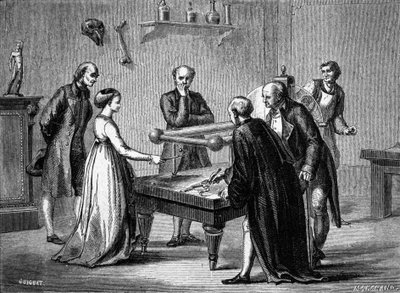 Luigi Galvani, profesor en Bolonia, descubrió en 1780 la irritabilidad de los músculos de la rana por electricidad. Grabado del siglo XIX. de Unknown artist