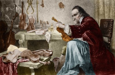 Luthier Stradivarius (Antonio Stradivari) (1644-1737) en su taller. Grabado por Hammann. Diseñador de violines Antonio Stradivari (Stradivarius) trabajando. de Unknown artist