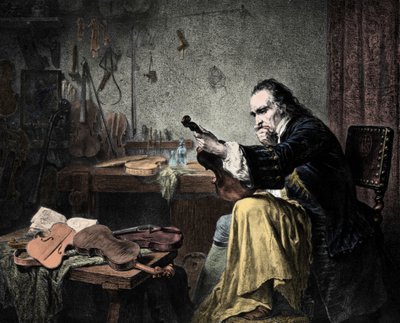 Luthier Stradivarius (Antonio Stradivari) (1644-1737) en su taller. Grabado de Hammann. Diseñador de violines Antonio Stradivari (Stradivarius) trabajando de Unknown artist