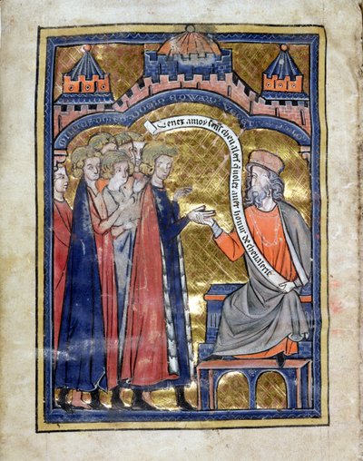 MS. Marlay. Add.1.f2b De Re Miliatari, Vegitius recibiendo al joven príncipe Eduardo (1239-1307) y sus acompañantes, c.1270 (vitela) de Unknown artist