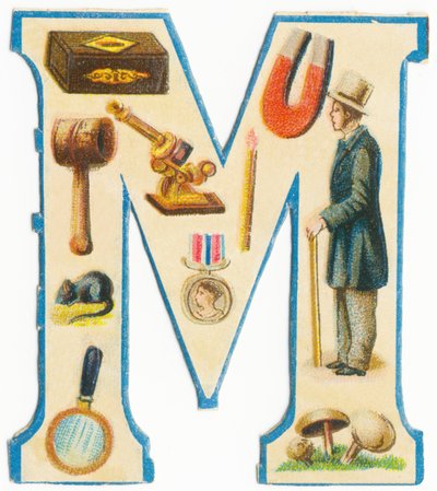 M: cerillas, imán, mazo, microscopio, ratón, medalla, hombre, lupa, setas de Unknown artist