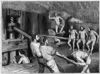 Fábrica de macarrones en Nápoles: uso de un molino de tornillo para preparar la pasta que luego se amasa con los pies. Grabado en "El Universo Ilustrado" de Unknown artist