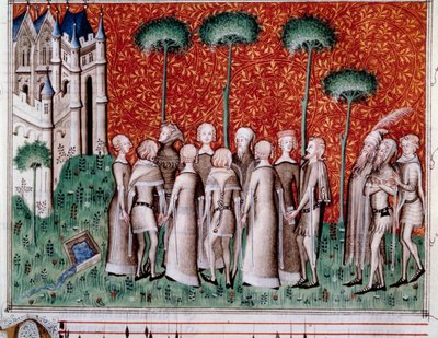 Machaut encontrando a su dama. Miniatura de una partitura en “Remede de Fortune” (Folio 51) de Guillaume de Machaut (v. 1300-1377), circa 1350-1355 de Unknown artist