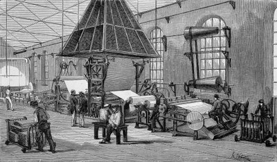 Máquina para hacer papel continuo. Grabado del siglo XIX. de Unknown artist