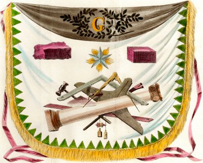 Delantal masónico francés que representa símbolos de la masonería. Grabado del siglo XIX. Colección privada de Unknown artist