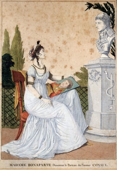 Madame Bonaparte dibujando el retrato del Primer Cónsul Josefina de Beauharnais (1763-1814) frente al busto de su esposo Napoleón Bonaparte (1769-1821). Estampa anónima. 1799-1804. de Unknown artist