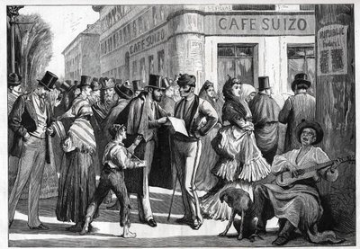 Madrid en 1873. Paseantes en la esquina de la Calle Sevilla y la Calle Alcalá. Grabado de 1873. de Unknown artist