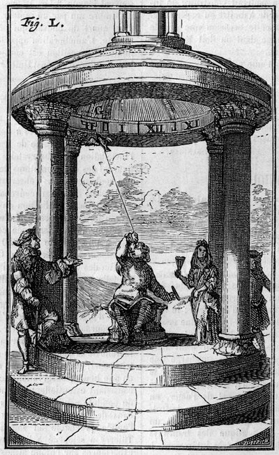 Reloj magnético, según Dalence (1687). Grabado en "La Nature: revue des sciences et de leurs applications aux arts et a l