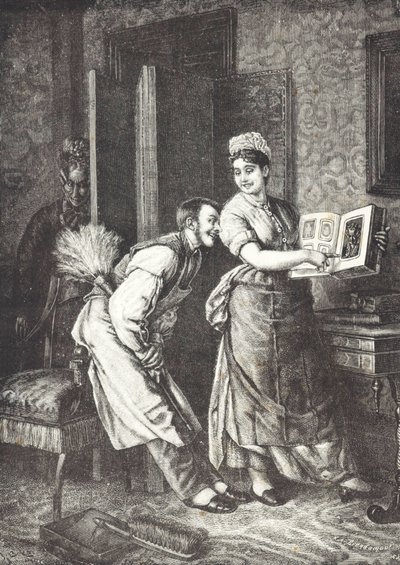 Sirvienta tomando libertades y escuchada por la señora de la casa (litografía) de Unknown artist