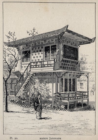 Maison Japonaise (Casa japonesa) - grabado de 1889 en “Historia de la habitación humana en la Exposición Universal de 1889, por el Sr. Charles GARNIER - Librería central de bellas artes París 1889 de Unknown artist