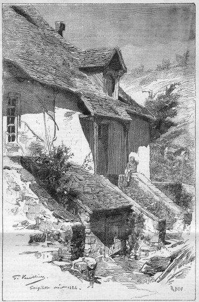 Casa de George Sand (Aurore Dupin, Baronesa Dudevant) (1804-1876), escritora francesa, en Gargilesse (Indre) a orillas del Creuse en Francia. Grabado en "Le Monde Illustré" de Unknown artist