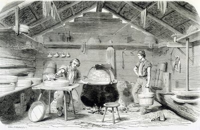 Elaboración de queso Gruyère en un chalet suizo, o quesería en los Alpes - en “Las maravillas de la industria” de Louis Figuier de Unknown artist