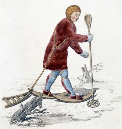 Hombre de la tribu Ostiak (Khanty o Khante) (tribu de cazadores paleosiberianos establecida en el área forestal del valle medio del Ob) cazando armiños. Ilustración de 1803 de Unknown artist