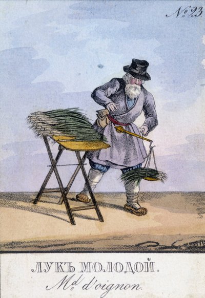 Hombre pesando cebollas en una balanza colgada en su cinturón. Ilustración del siglo XIX. Grabado del siglo XIX de Unknown artist
