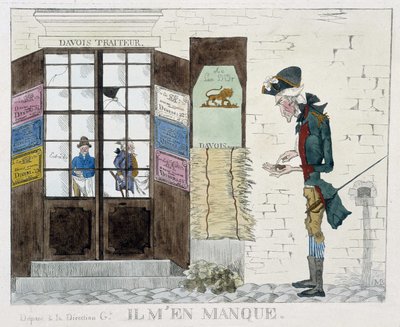 Hombre sin un centavo frente a la tienda de catering - grabado de Unknown artist