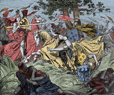 Muerte de Manfredo en batalla - Batalla de Benevento (26 de febrero de 1266): la muerte de Manfredo I (de Hohenstaufen) de Unknown artist