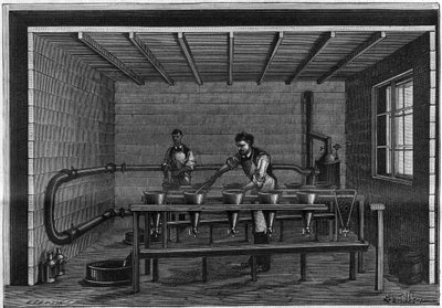 Fabricación de vaselina. Disposición de una unidad de filtración en el animal negro. Grabado de 1885 de Unknown artist