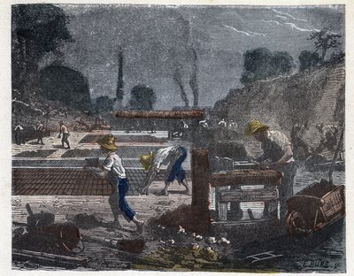 Fabricación de un ladrillo en el siglo XIX: el moldeador llena su molde con pasta de arcilla, luego el aprendiz coloca el ladrillo en el suelo para secarlo. Grabado de finales del siglo XIX. de Unknown artist