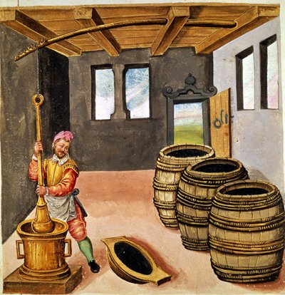 Fabricación de pólvora negra - en "Manuale di pirotechnia, armeria e fortificazioni" del siglo XVI de Unknown artist