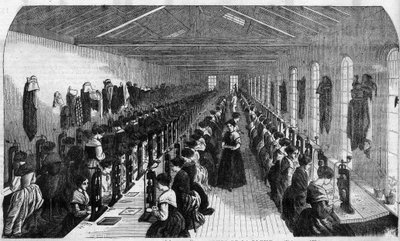 Fabricación de plumas cementadas: trabajadores durante la realización de la ranura de la pluma en una planta en Birmingham - Grabado en “Le Journal Illustré” de Unknown artist