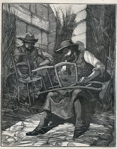 Fabricación de sillas: acolchado y enrejado de sillas. Grabado de 1885 en “Les arts et metiers illustres” por Adolphe BITARD. de Unknown artist