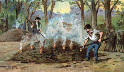 Fabricación de carbón, horno de combustión. Cromolitografía de finales del siglo XIX de Unknown artist