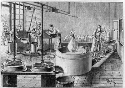 Fabricación de gruyere: una quesería moderna. Grabado en "La Naturaleza: revista de ciencias y sus aplicaciones a las artes y a la industria" del 19 de septiembre de 1891 de Unknown artist