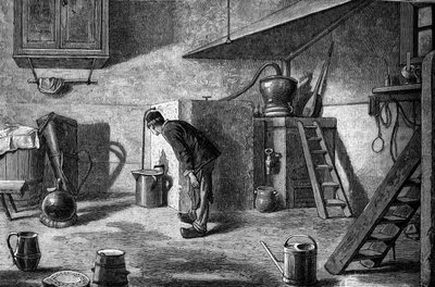 Fabricación de kirsch: destilación, castillo de Isenberg en Alsacia. Grabado en "Le Journal de la jeunesse" de Unknown artist