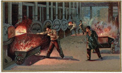 Fabricación de gas de iluminación: carga de cornu. Cromolitografía de finales del siglo XIX de Unknown artist