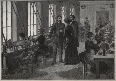 Fabricación de plumas metálicas: taller de afilado en Francia en el siglo XIX. Grabado de 1885 en "Les arts et metiers illustres" por Adolphe BITARD de Unknown artist