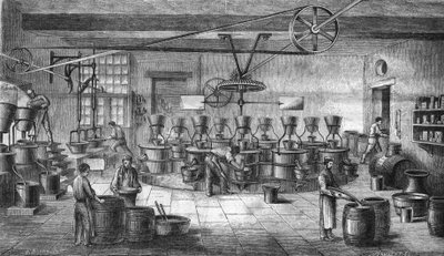 Fabricación de mostaza y alimentos enlatados en Louit frères en Burdeos. Grabado de 1865 de Unknown artist