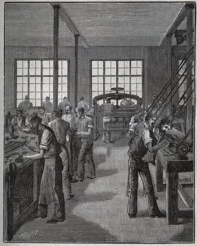 Fabricación de portaplumas y portalápices. Grabado de 1885 en “Les arts et metiers illustres” de Adolphe Bitard. de Unknown artist